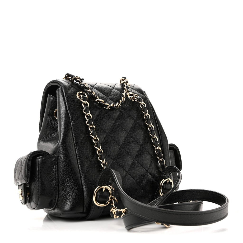 Shiny Caviar Quilted Small Duma Pockets Drawstring Backpack Black