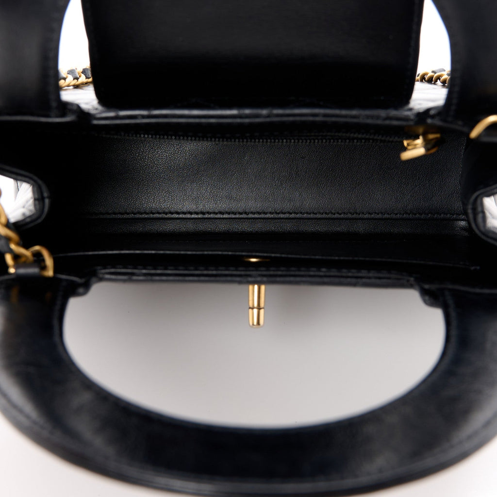 Shiny Aged Calfskin Quilted Nano Kelly Shopper Black