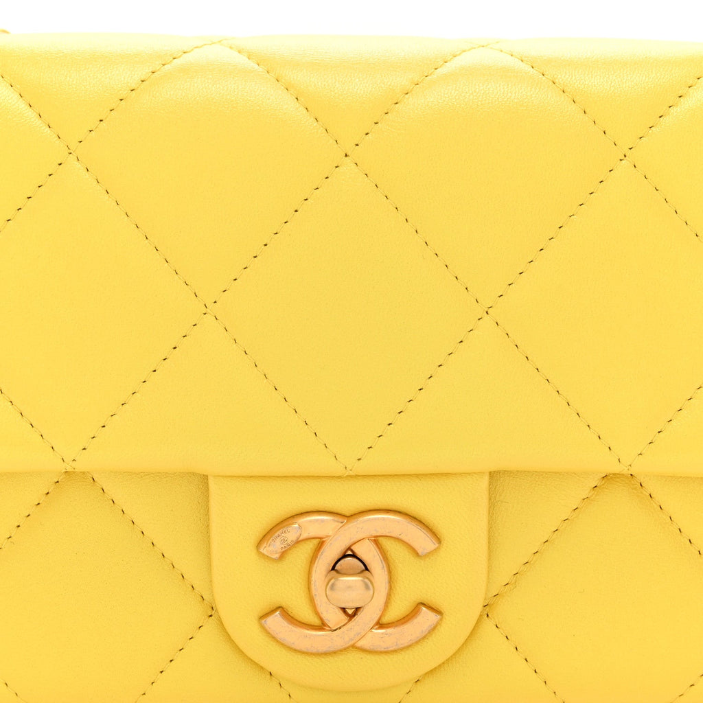 Iridescent Lambskin Quilted Mini Rectangular Pearl Crush Flap Yellow