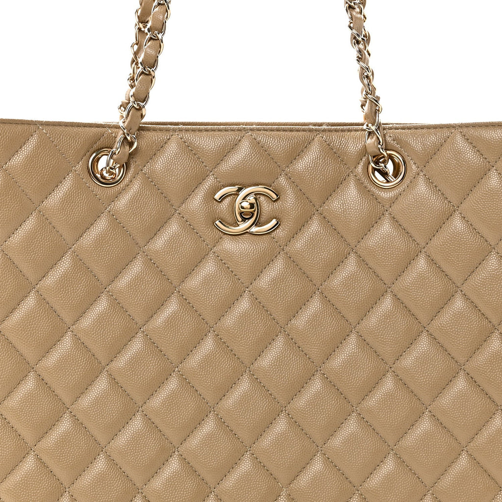 Caviar Quilted Large Shopping Tote Dark Beige