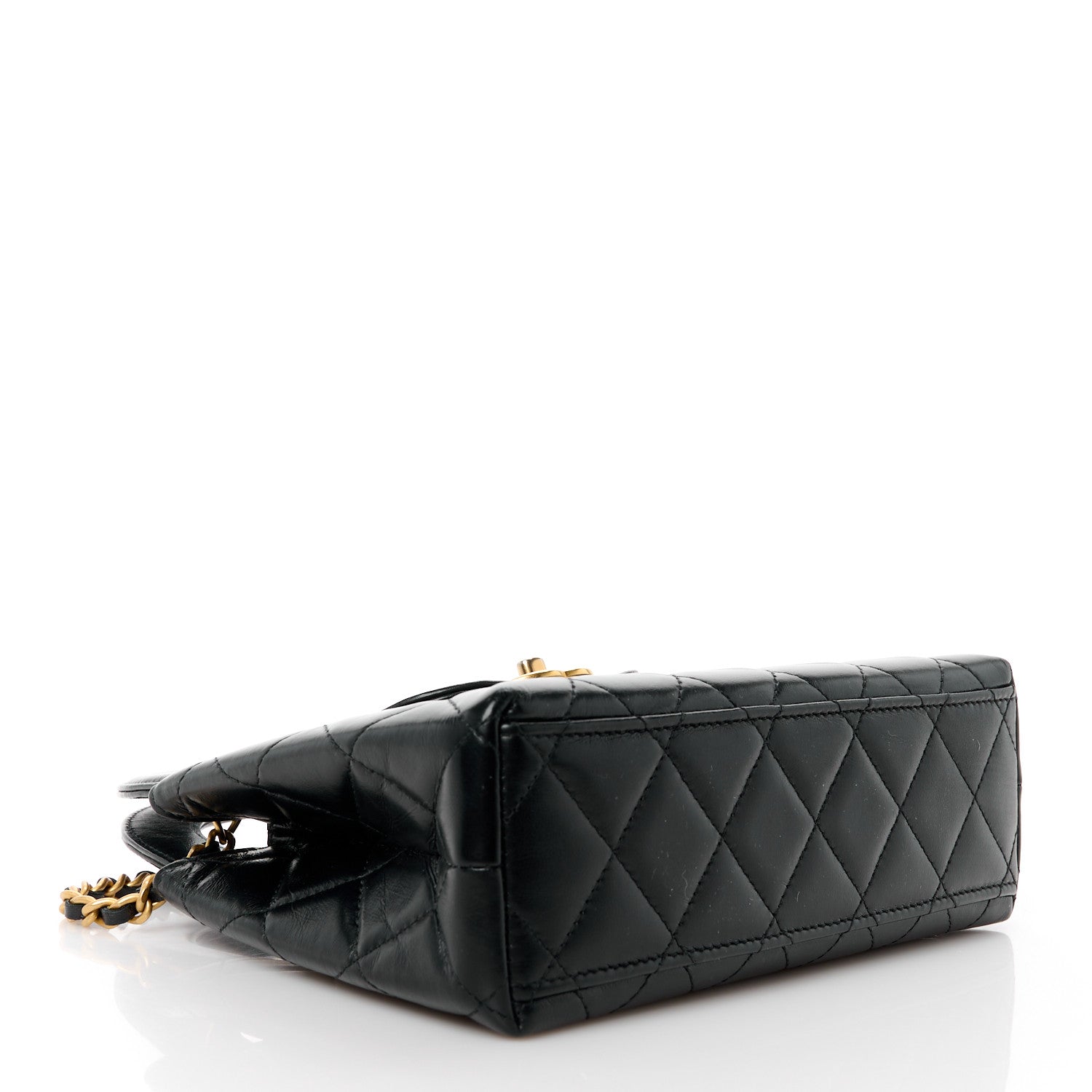 Shiny Aged Calfskin Quilted Nano Kelly Shopper Black