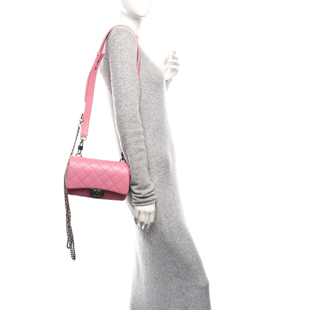 Shiny Goatskin Quilted Small Double Carry Waist Chain Flap Pink