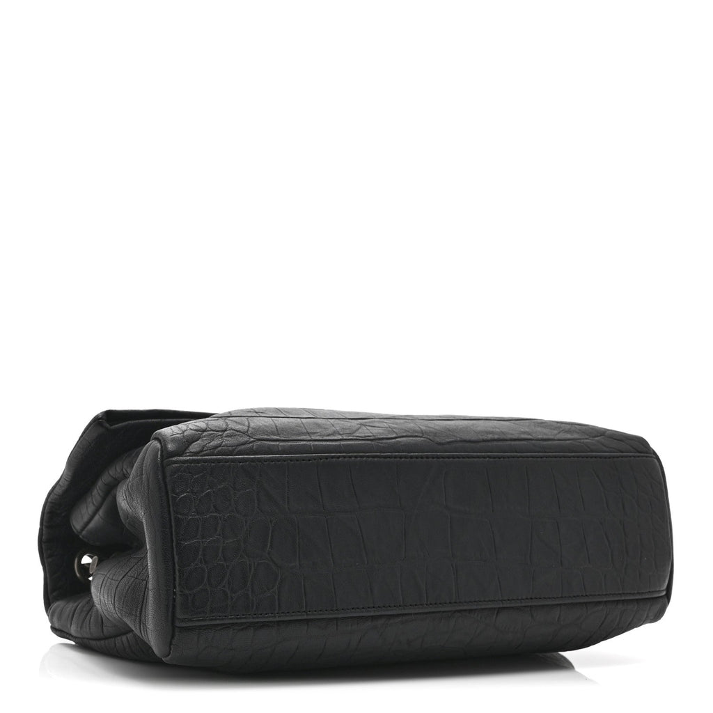 Calfskin Crocodile Embossed Medium West Hollywood Monogram Fold-Over Black