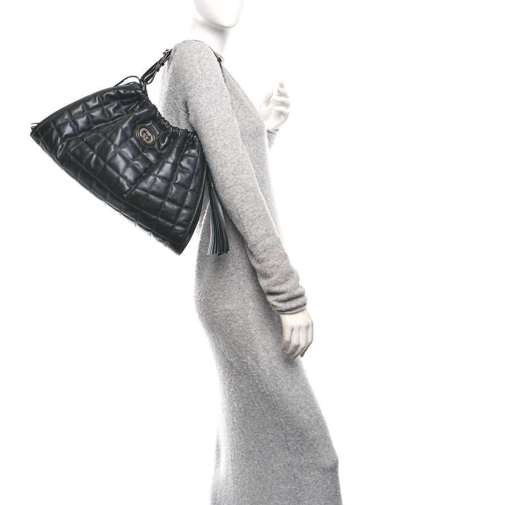 Calfskin Quilted Medium Deco Tote Bag Black