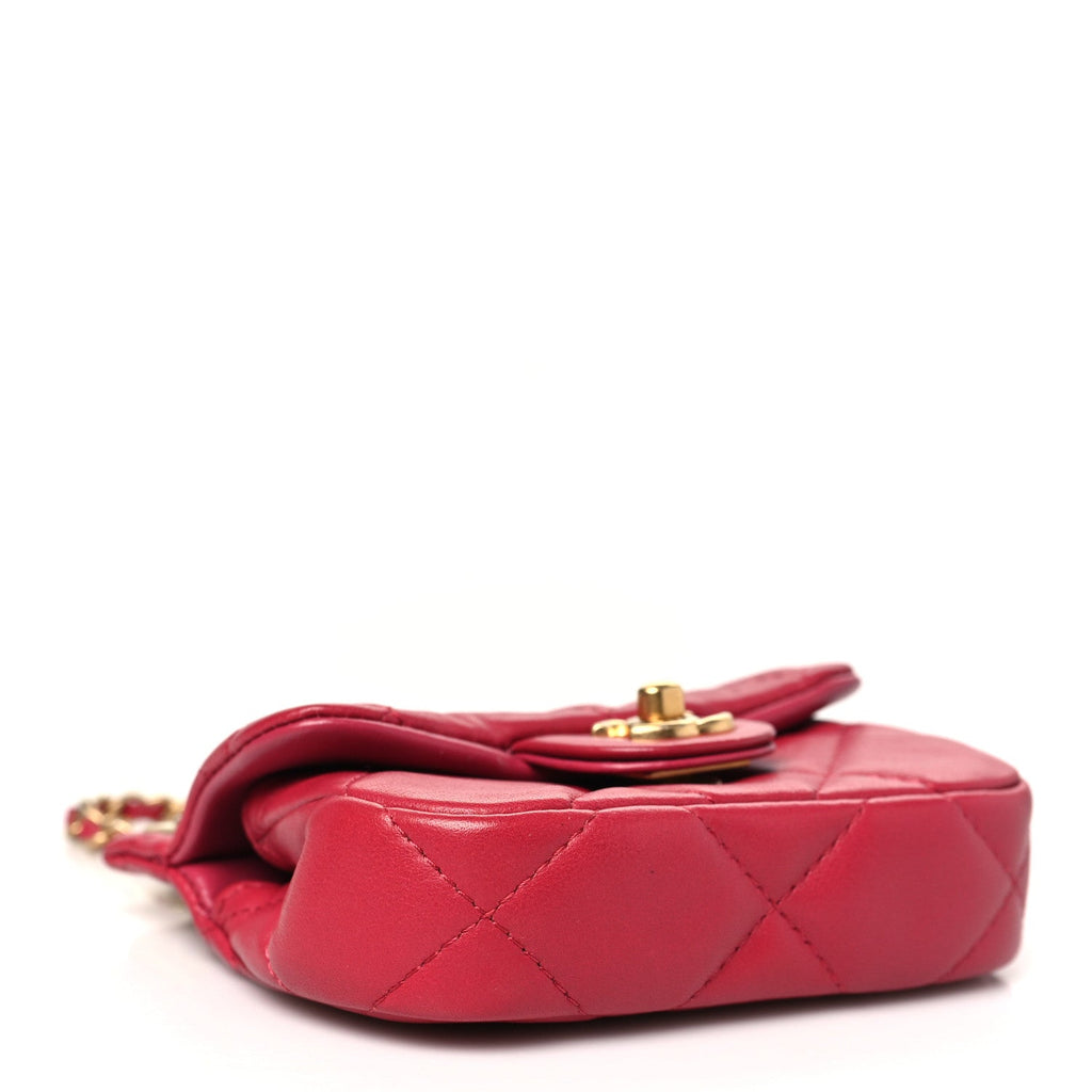 Calfskin Quilted Lady Handle Flap  Holder With Chain Dark Pink