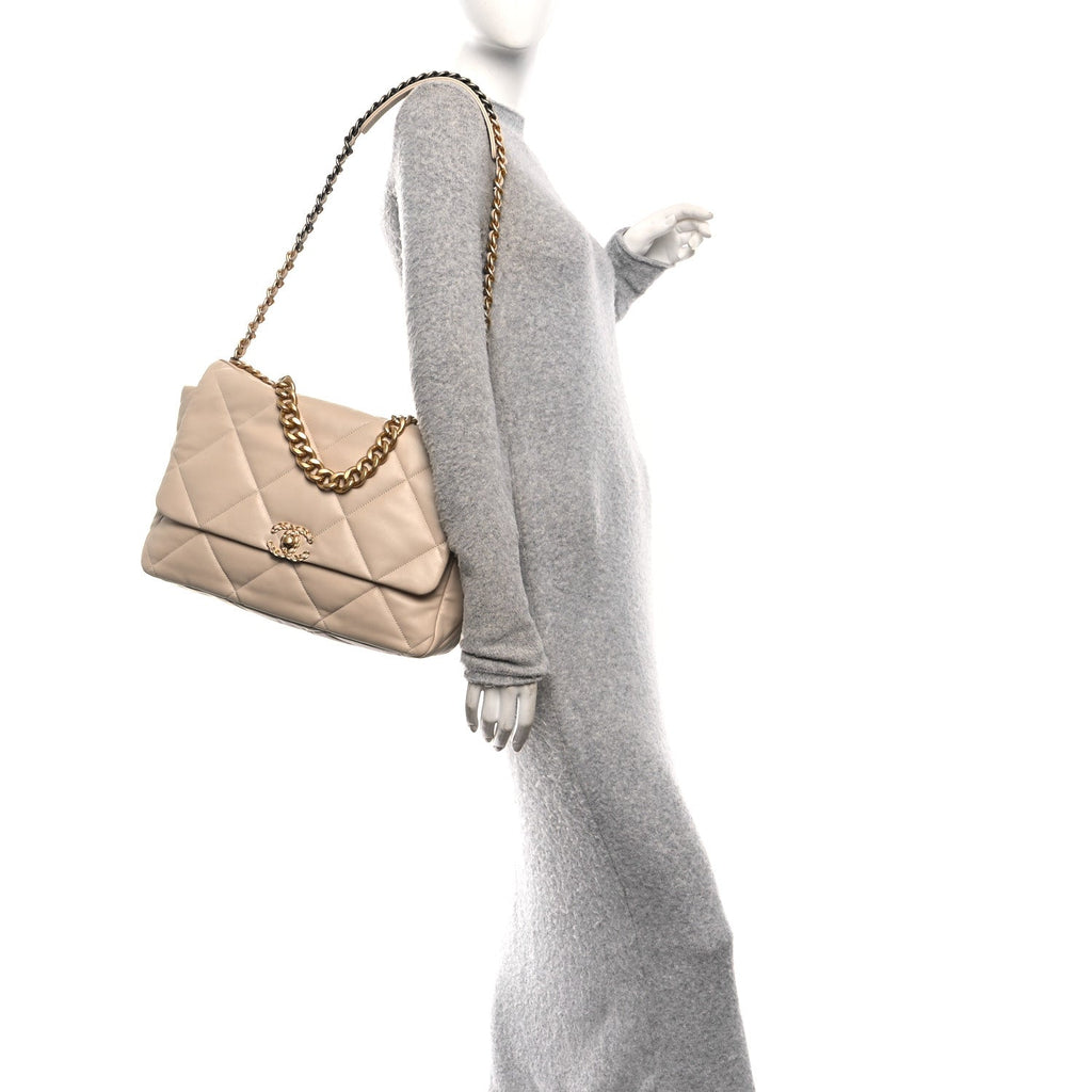 Lambskin Quilted Maxi Chanel 19 Flap Beige