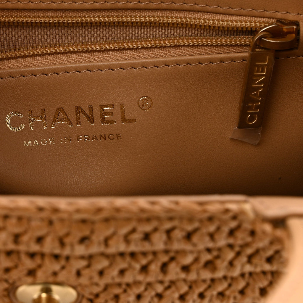 Braided Raffia Nano Kelly Flap Bag Dark Beige