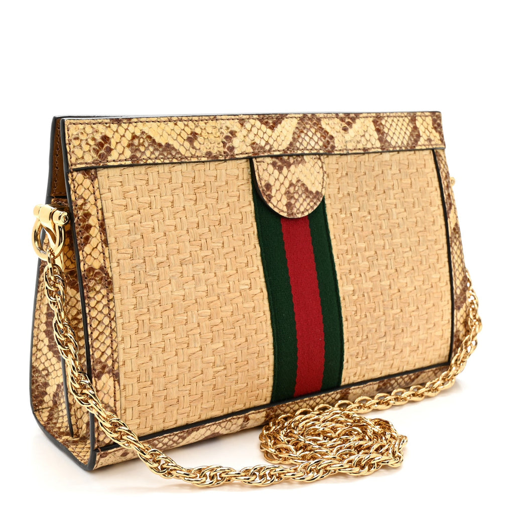 Raffia Elaphe GG Small Ophidia Chain Shoulder Bag Natural Cream Brown
