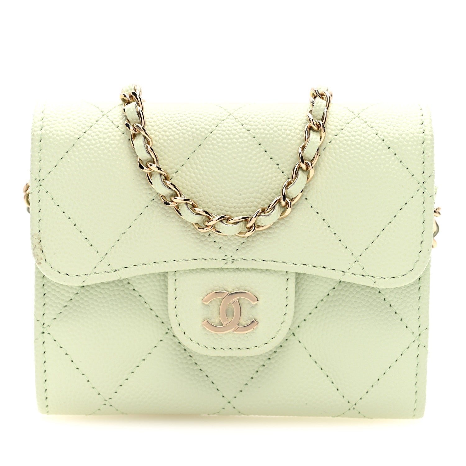 Caviar Quilted Flap  Holder On Chain Light Green