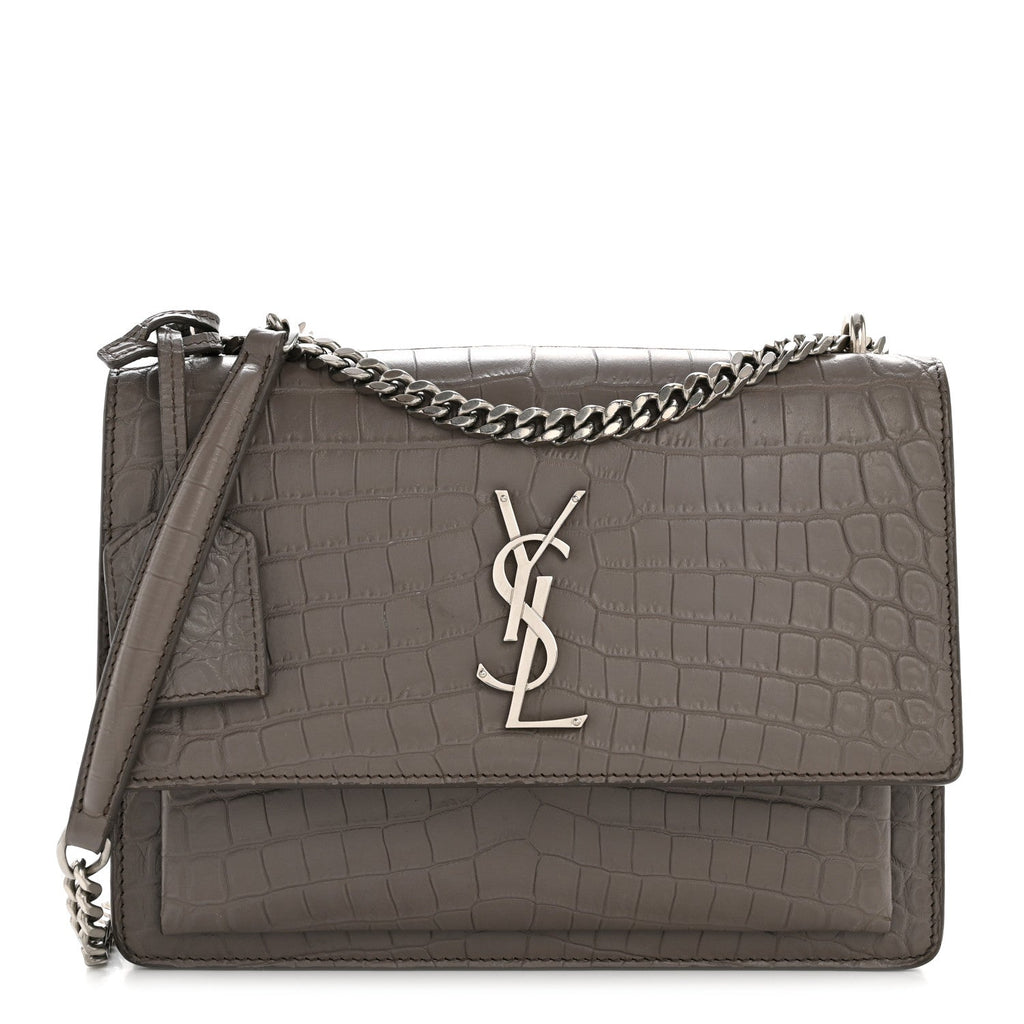 Calfskin Crocodile Embossed Medium Monogram Sunset Fog