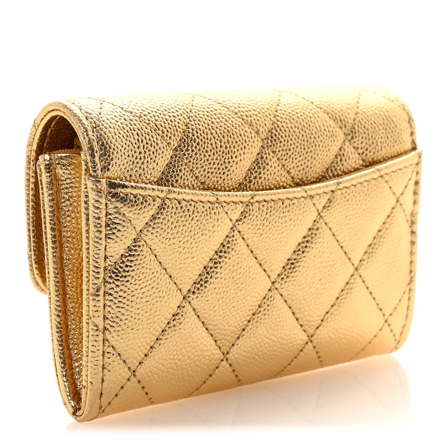 Metallic Caviar Quilted Flap  Holder Wallet Gold