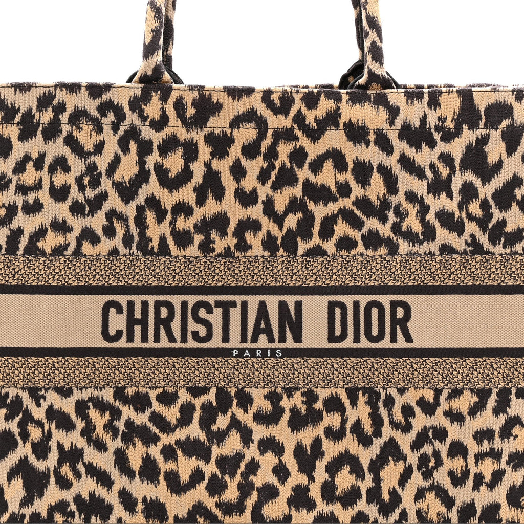 Canvas Mizza Embroidered Large Leopard Book Tote Beige