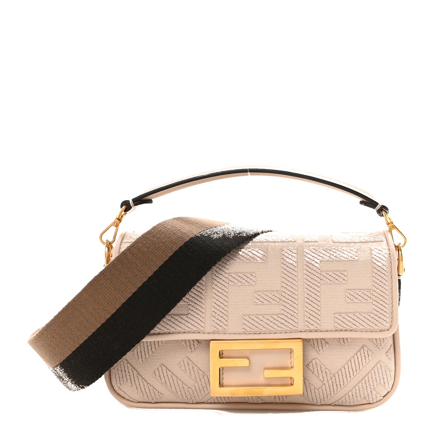 Canvas Vitello King Bi-Color Strap FF Embroidered Mini Baguette Poudre