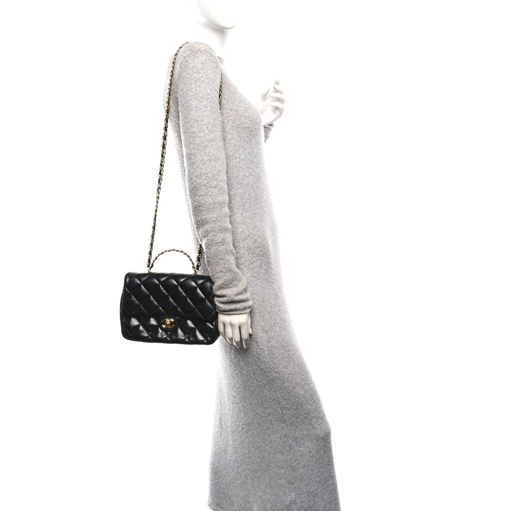 Shiny Lambskin Quilted Golden Links Top Handle Flap Black