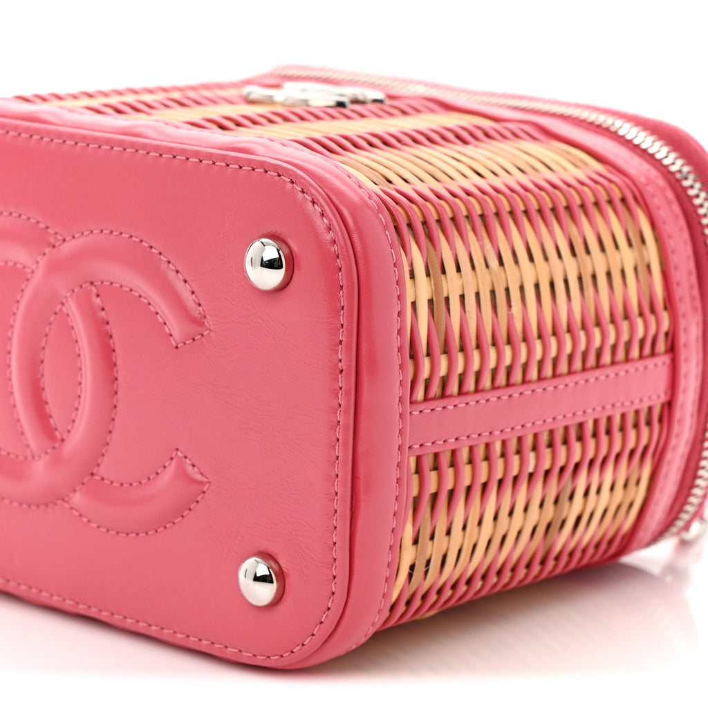 Calfskin Raffia Small Take Away Vanity Case Bag Pink Beige
