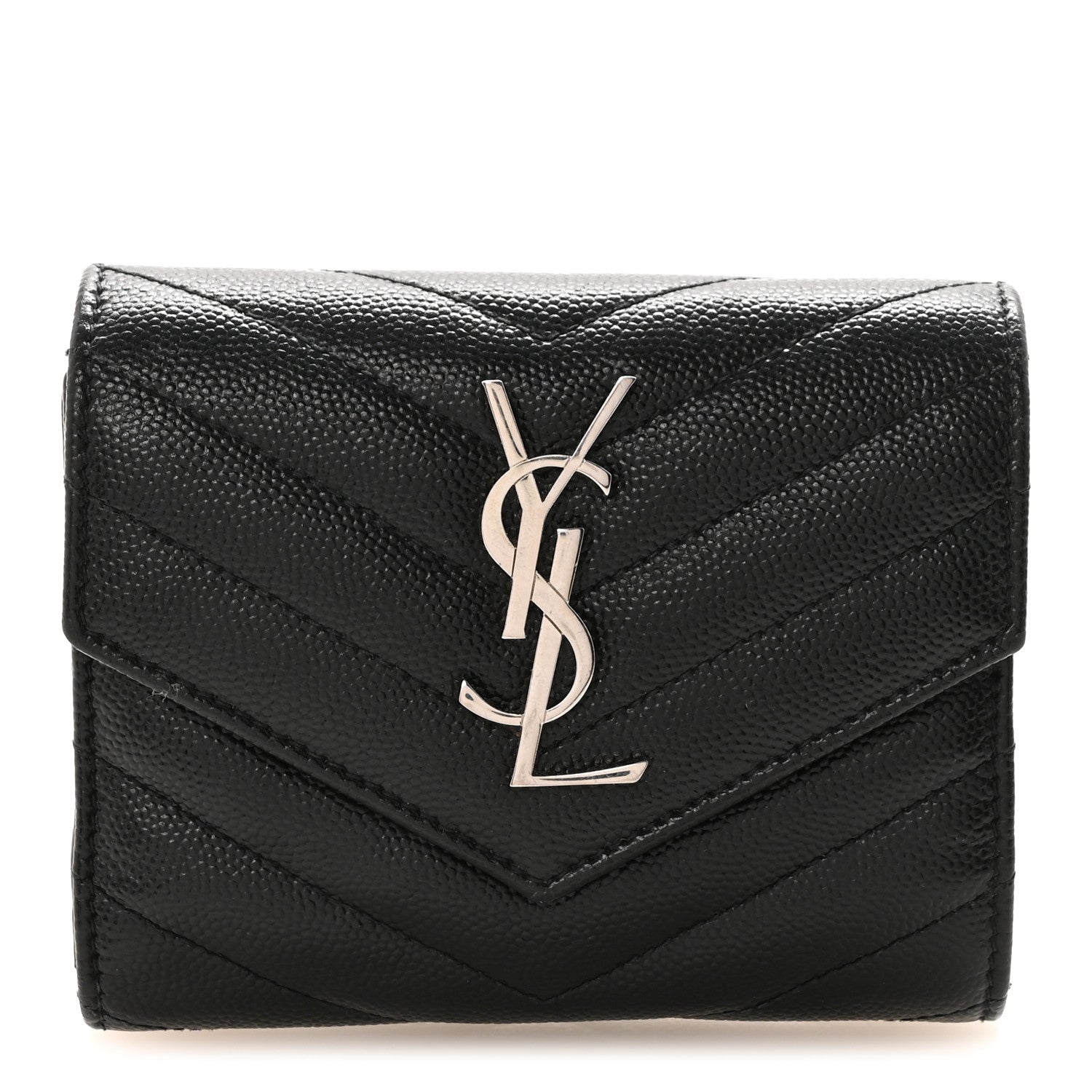 Grain De Poudre Matelasse Chevron Monogram Compact Tri Fold Wallet Black