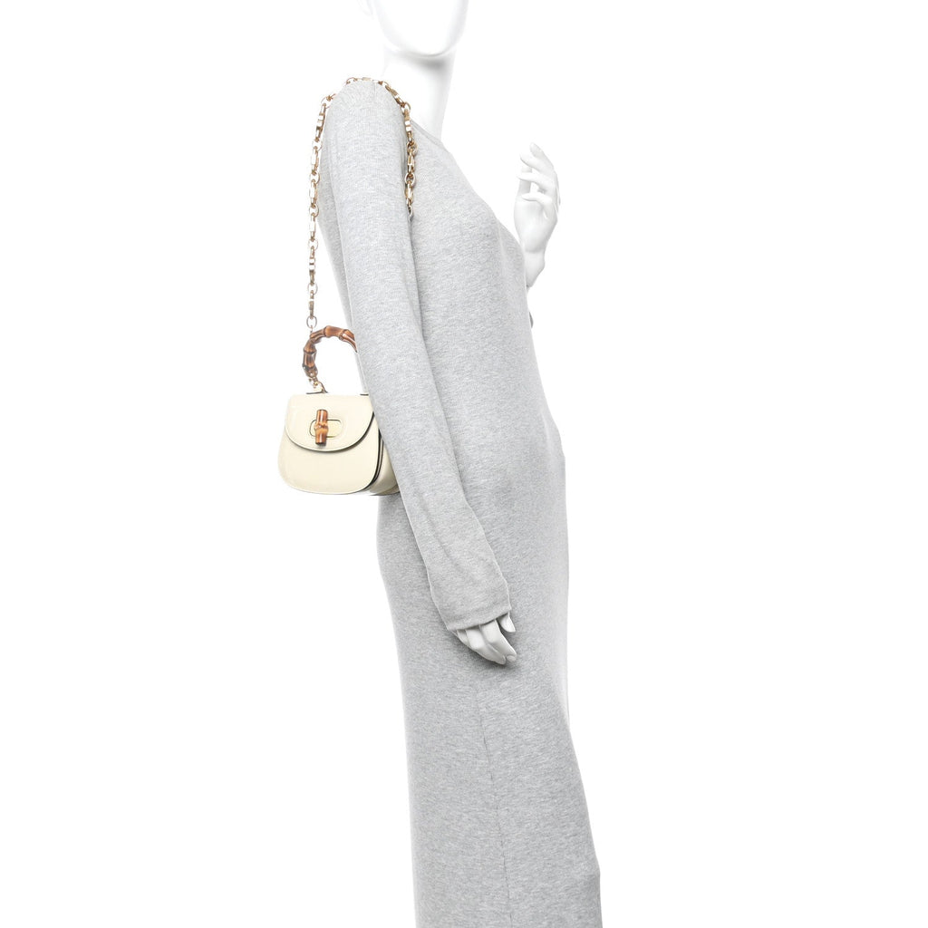 Patent Crystal Mini Bamboo 1947 Top Handle Chain Bag White