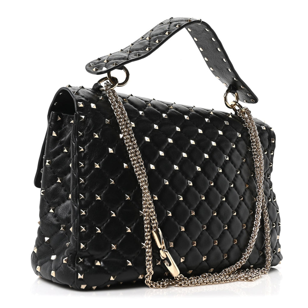 Craquele Nappa Large Rockstud Spike Shoulder Bag Black