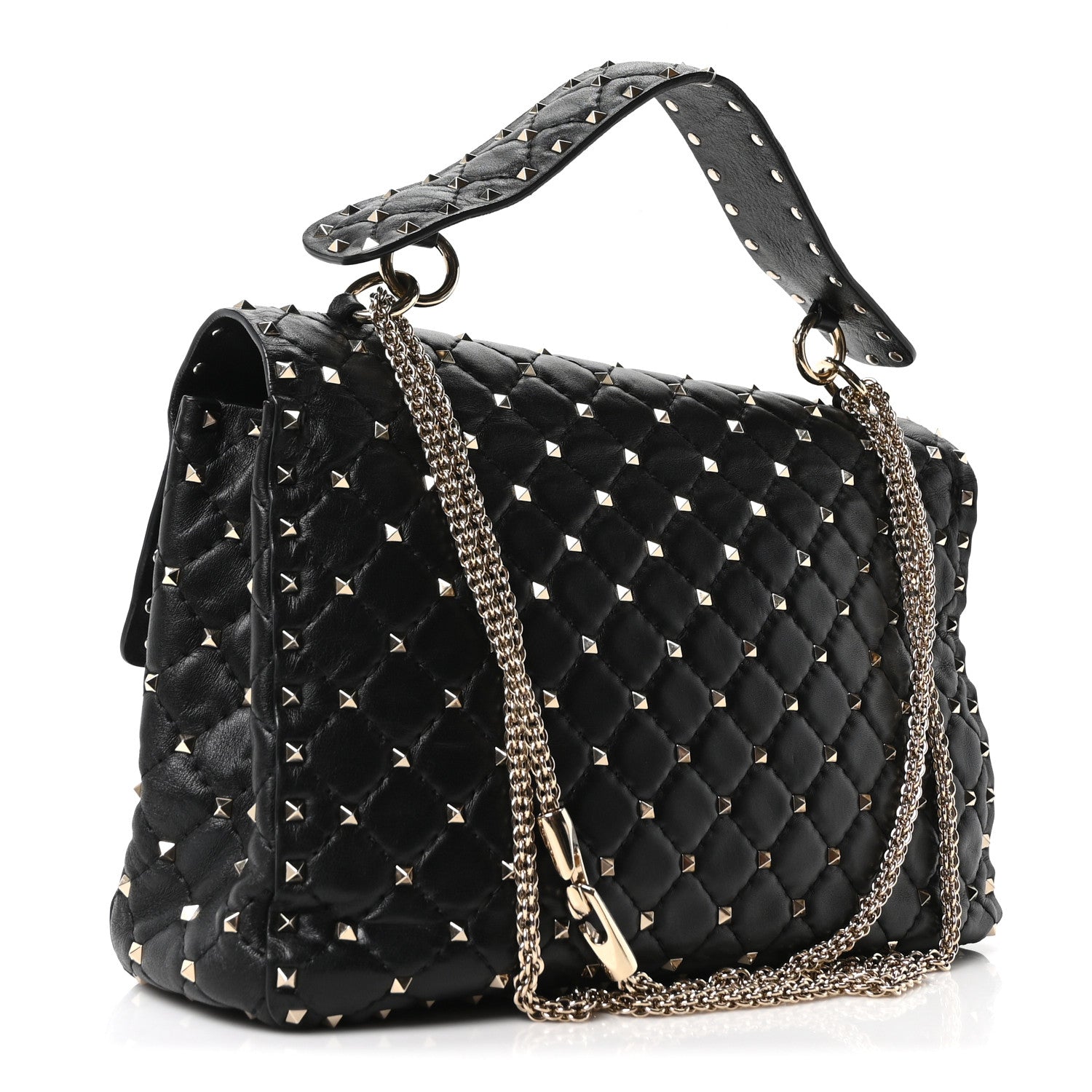 Craquele Nappa Large Rockstud Spike Shoulder Bag Black