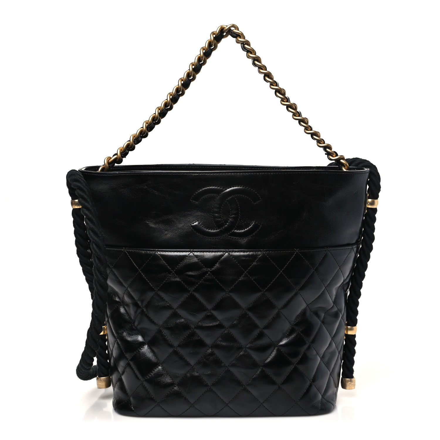 Crumpled Calfskin En Vogue Rope Hobo Bag Black