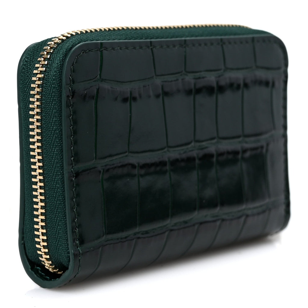 Calfskin Crocodile Embossed Crococo Zip Coin Purse Emerald