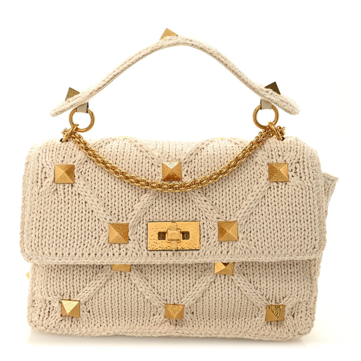 Knit Large Roman Stud Shoulder Bag Ecru