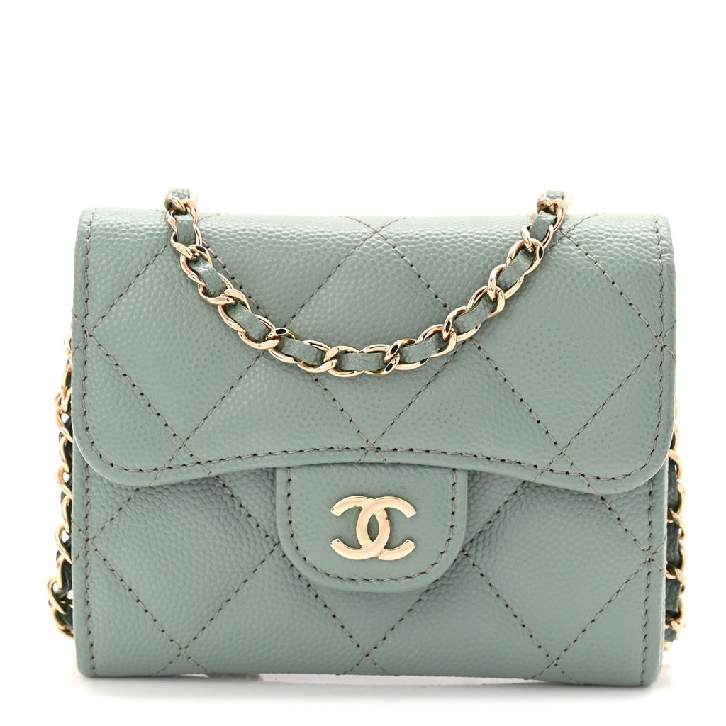 Caviar Quilted Flap  Holder On Chain Light Green