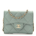 Caviar Quilted Flap  Holder On Chain Light Green