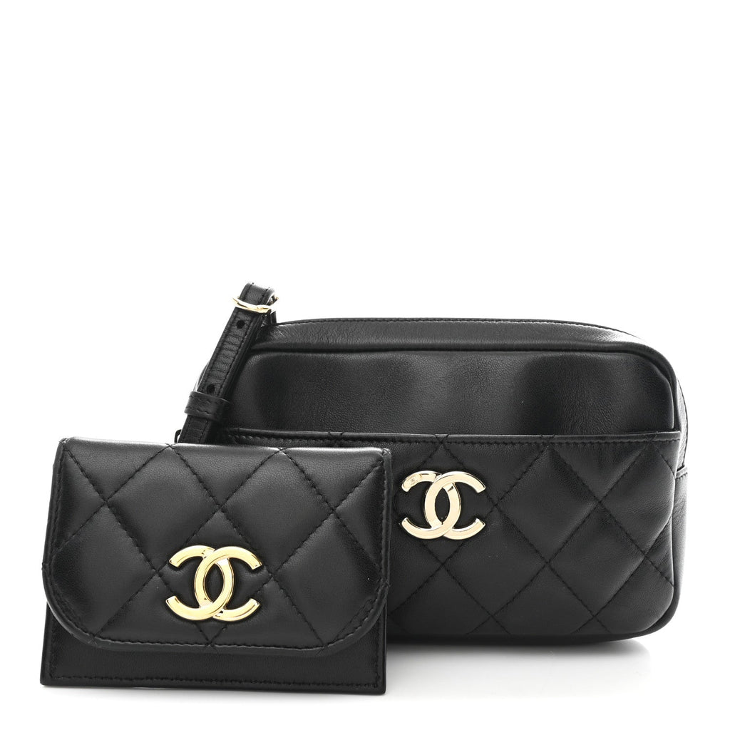 Lambskin Quilted Waist Bag With Pouch Black