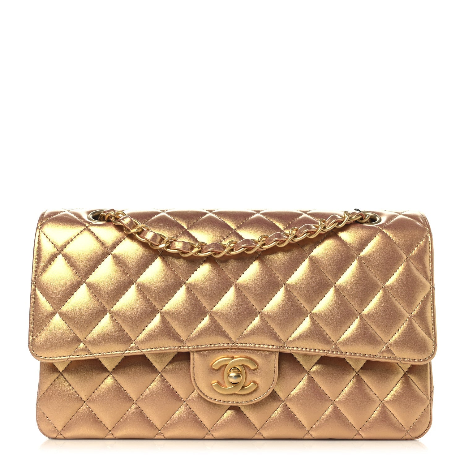 Metallic Lambskin Quilted Medium Double Flap Golden