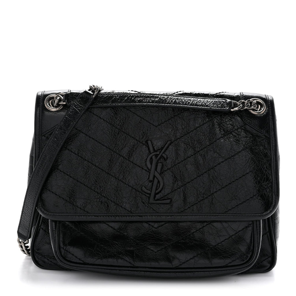 Crinkled Calfskin Matelasse Monogram Medium Niki Chain Satchel Black