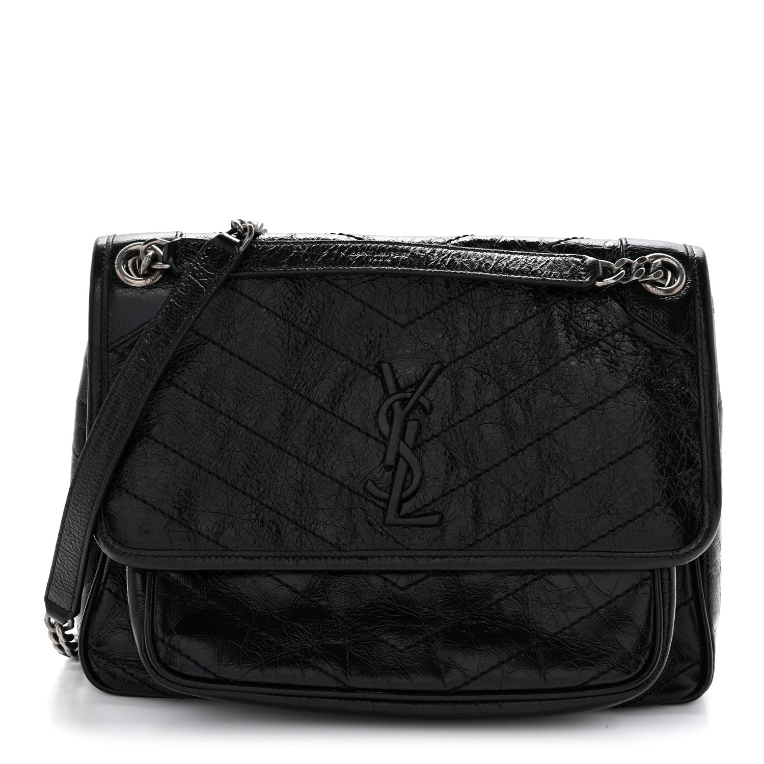 Crinkled Calfskin Matelasse Monogram Medium Niki Chain Satchel Black