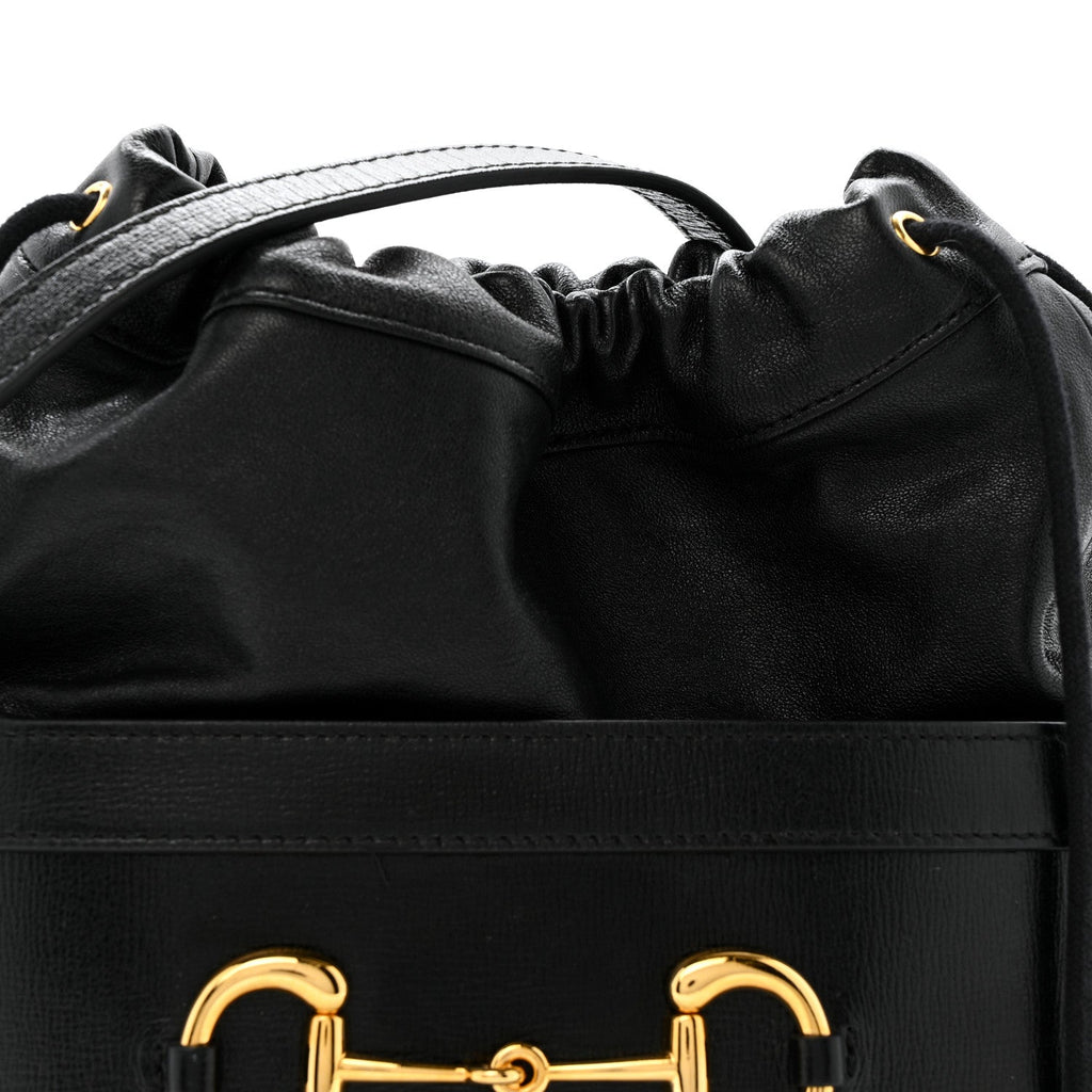 Azalea Sakai Calfskin Horsebit 1955 Drawstring Bucket Bag Black