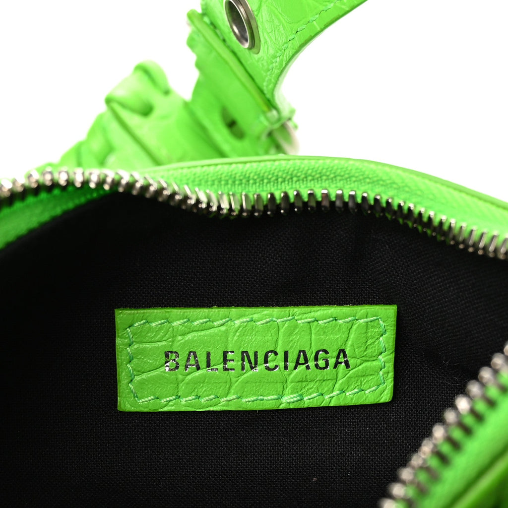 Extra Supple Calfskin Crocodile Embossed Le Cagole Shoulder Bag XS Acid Green