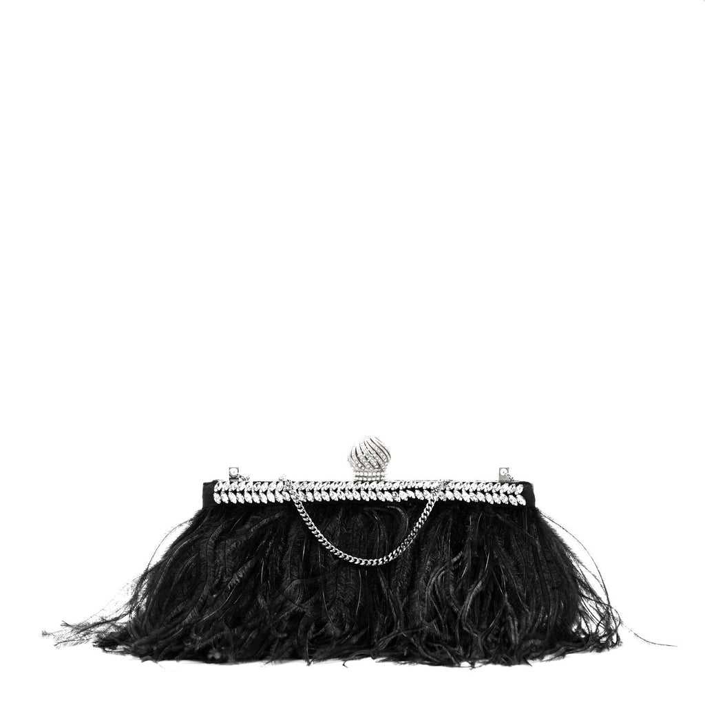 Satin Feather Crystal Embellished Celeste Clutch Black