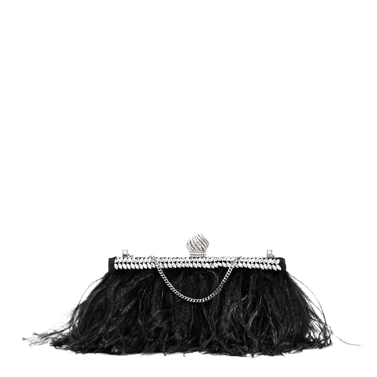 Satin Feather Crystal Embellished Celeste Clutch Black
