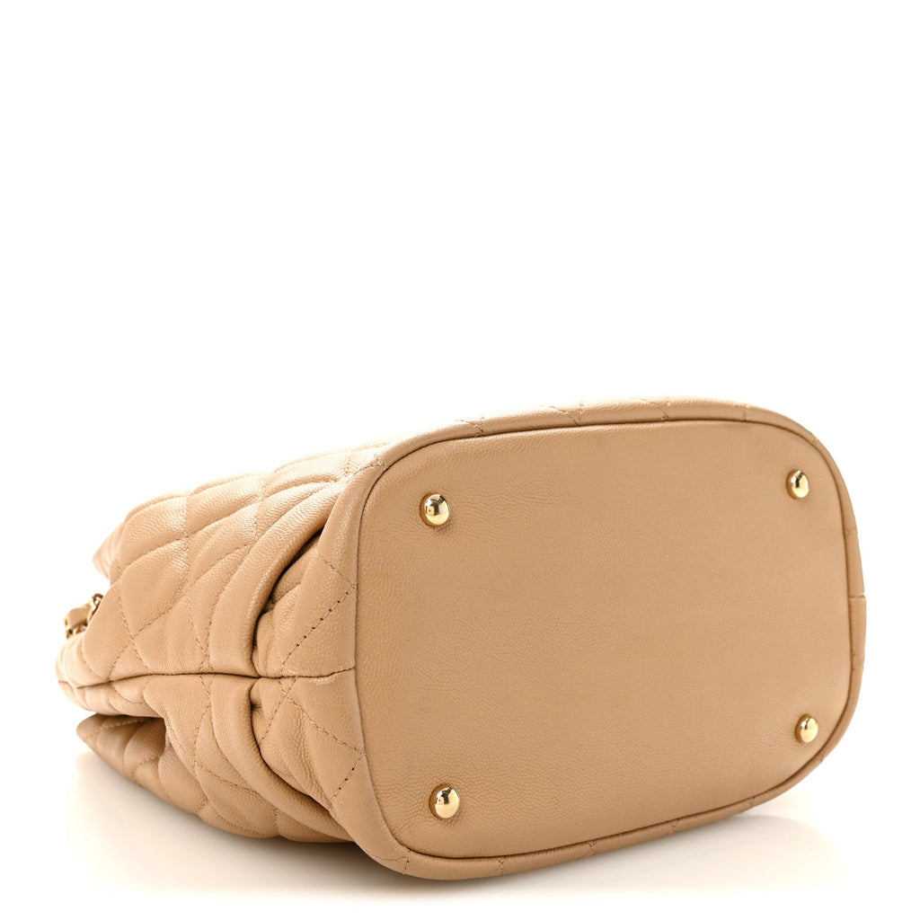 Caviar Quilted Large Rolled Up Bucket Drawstring Bag Beige