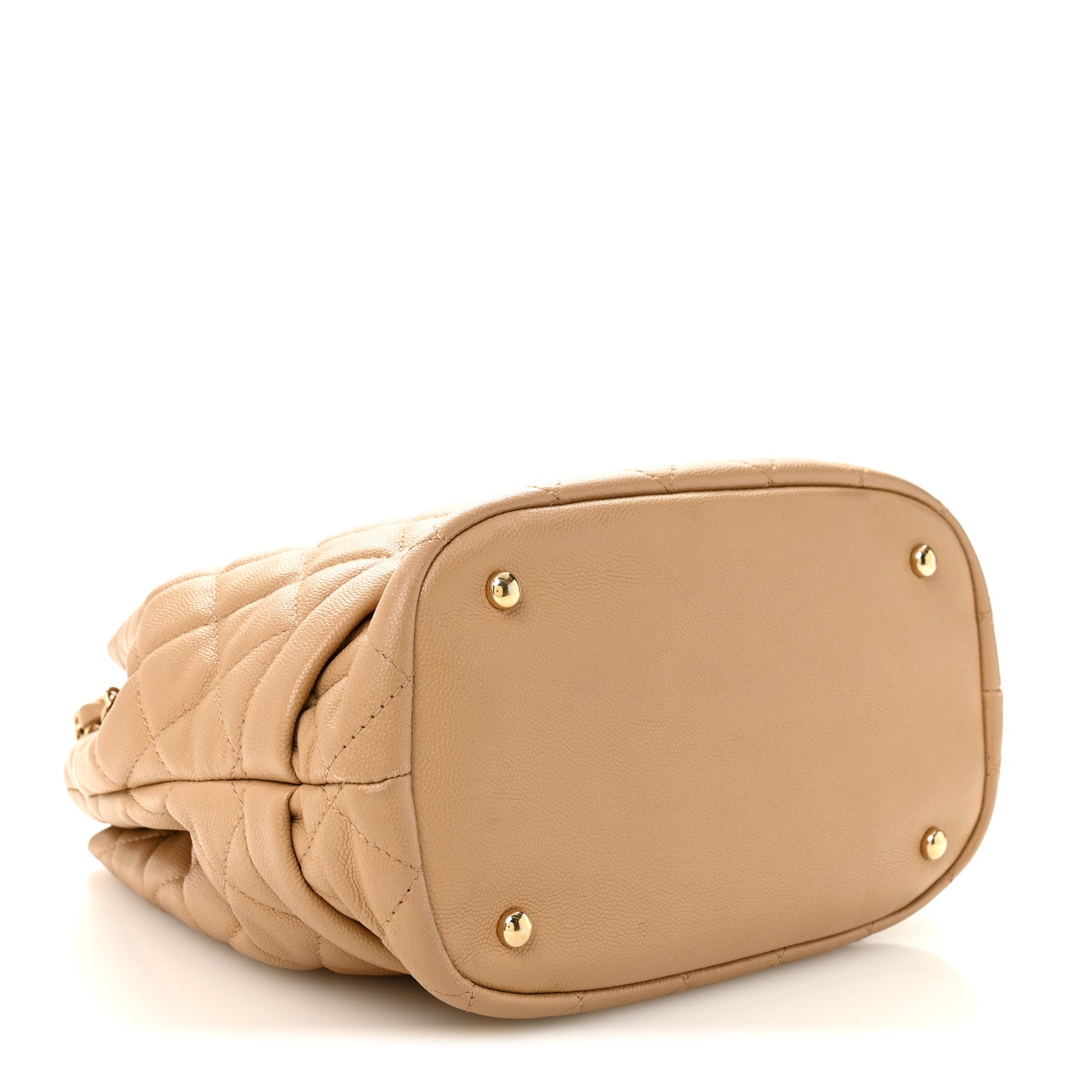 Caviar Quilted Large Rolled Up Bucket Drawstring Bag Beige