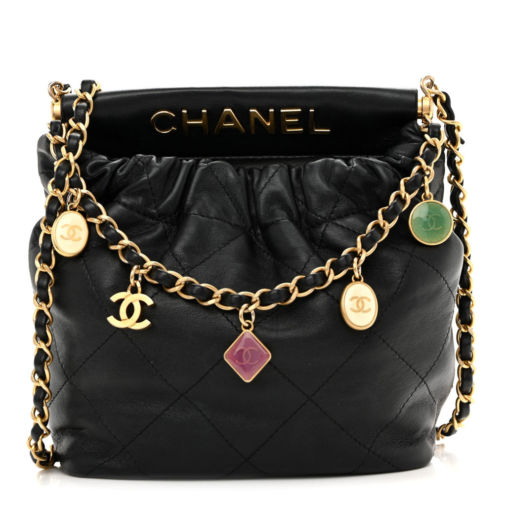 Lambskin Resin Quilted Small Bucket Bag Black