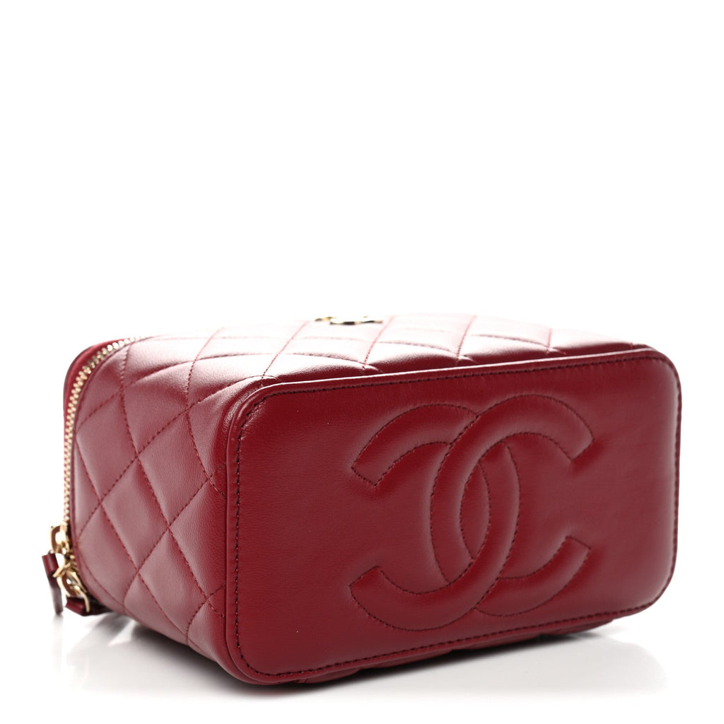 Lambskin Quilted Small Top Handle Vanity Case With Chain Burgundy