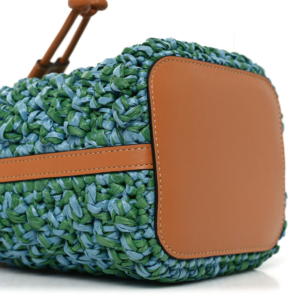 Raffia Crochet Nappa Mini Vlogo Bucket Bag Brown Blue