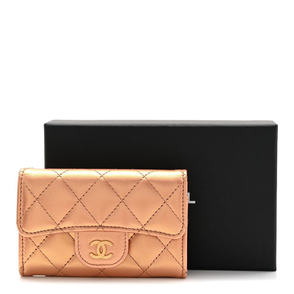 Metallic Lambskin Quilted Flap  Holder Wallet Golden