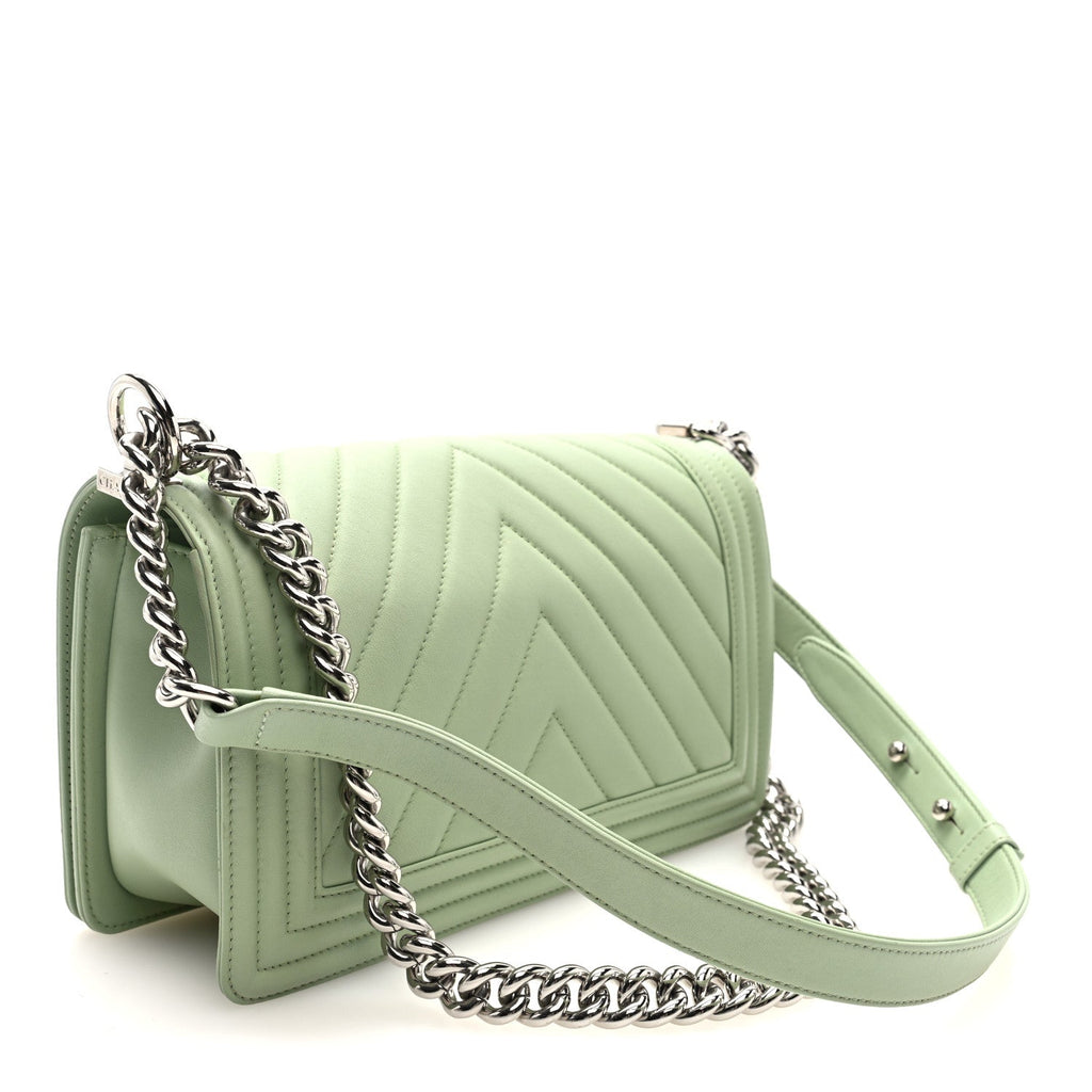 Calfskin Chevron Quilted Medium Boy Flap Light Green