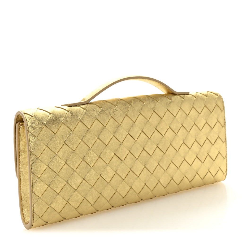 Metallic Satin Lambskin Intrecciato Long Andiamo Top Handle Clutch Gold