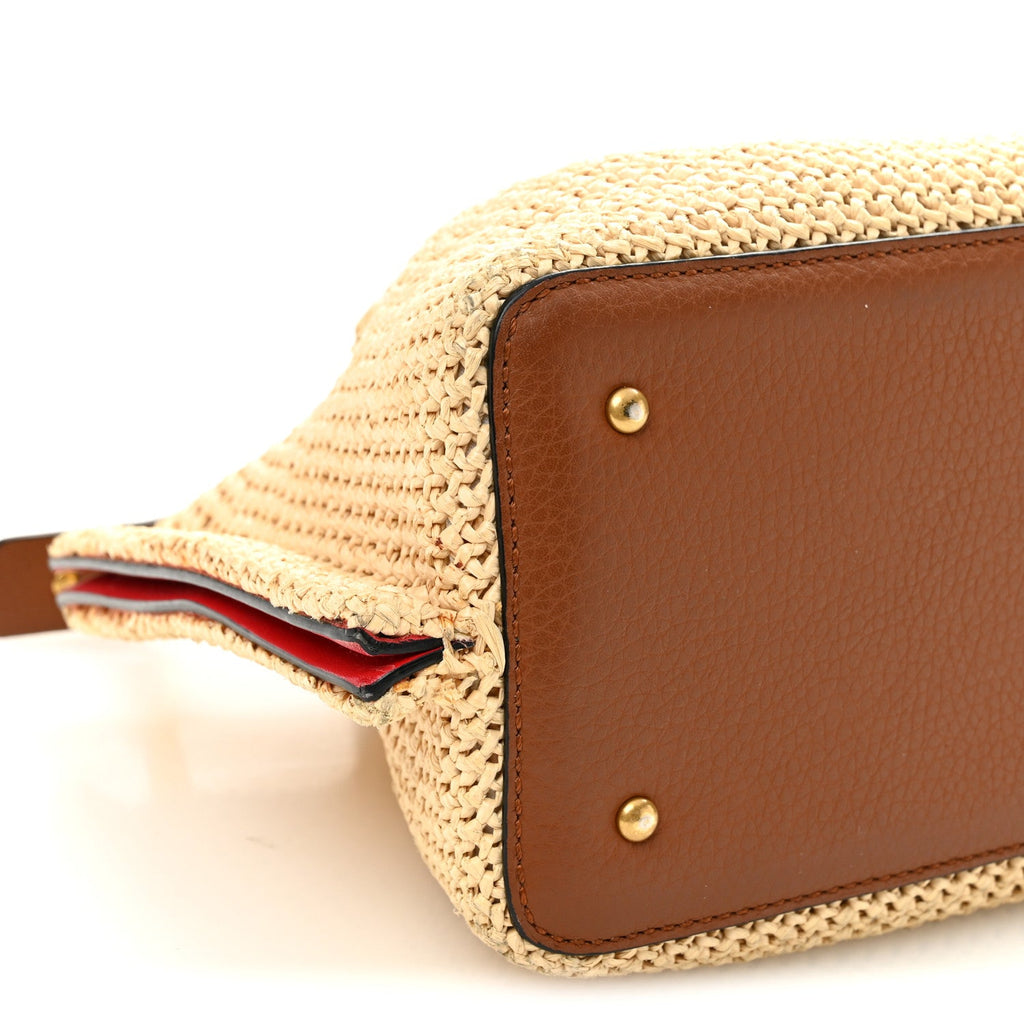 Raffia Grained Calfskin Small Rockstud Vlogo Tote Naturale