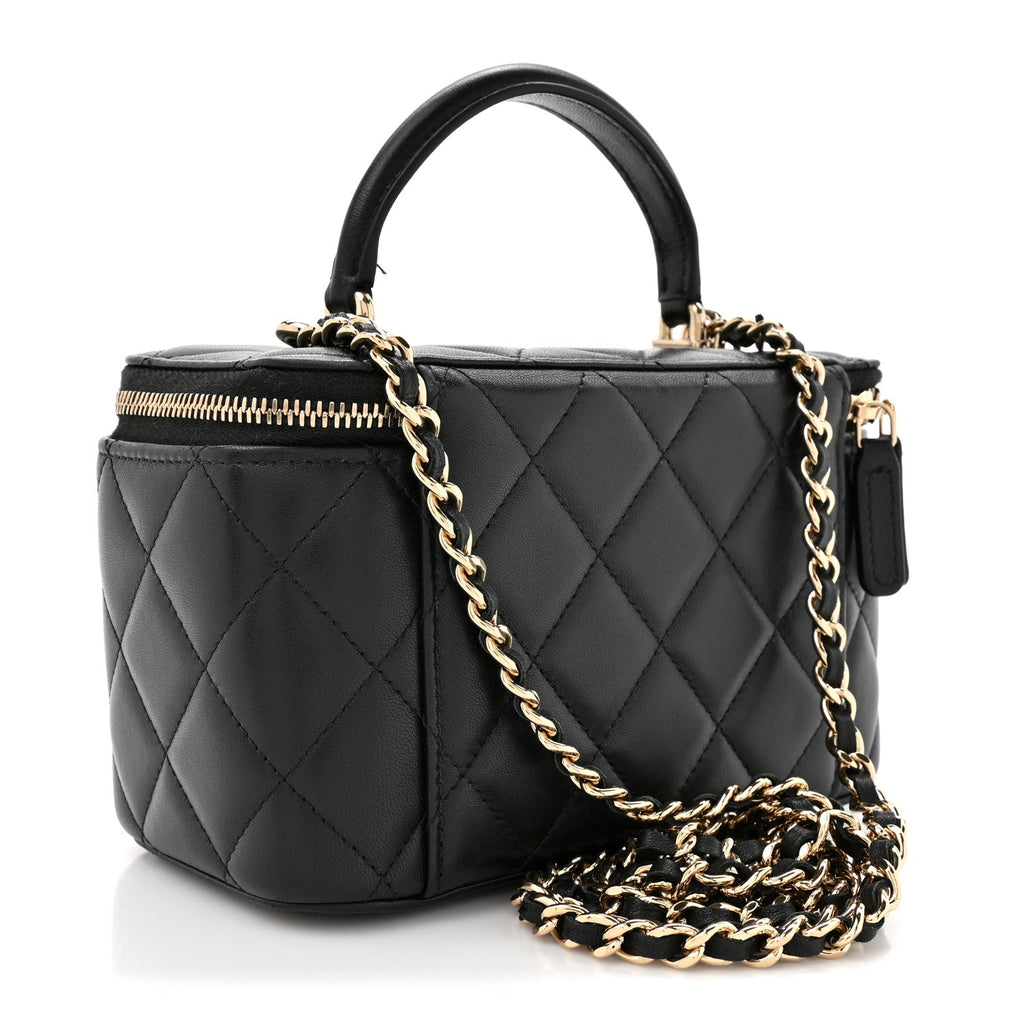 Lambskin Quilted Small Top Handle Vanity Case With Chain Black