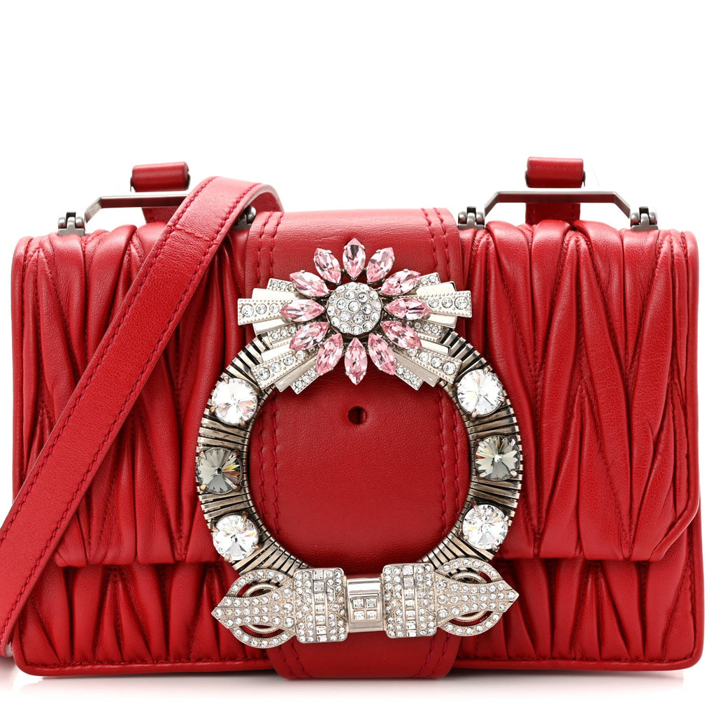 Nappa Matelasse Madras Crystal Embellished Shoulder Bag Fuoco