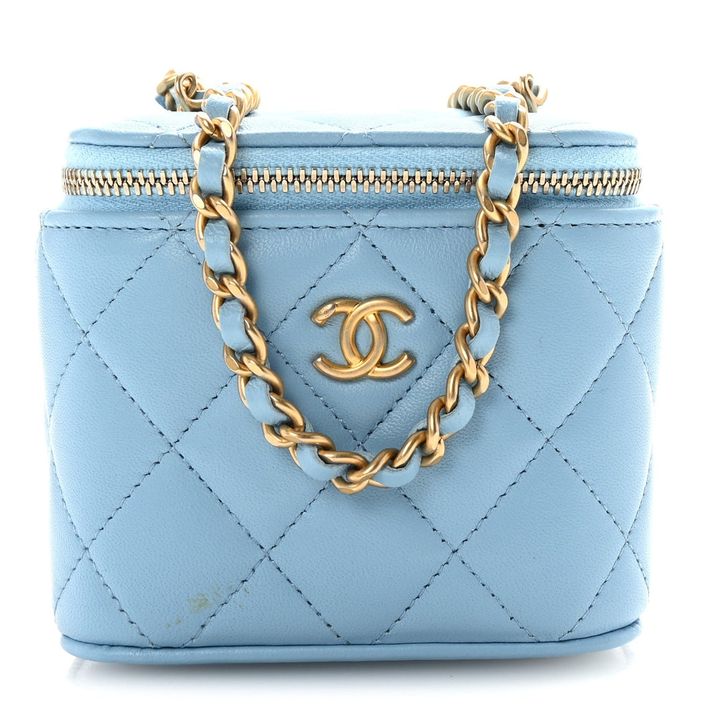 Lambskin Quilted Pearl Crush Mini Vanity Case With Chain Light Blue