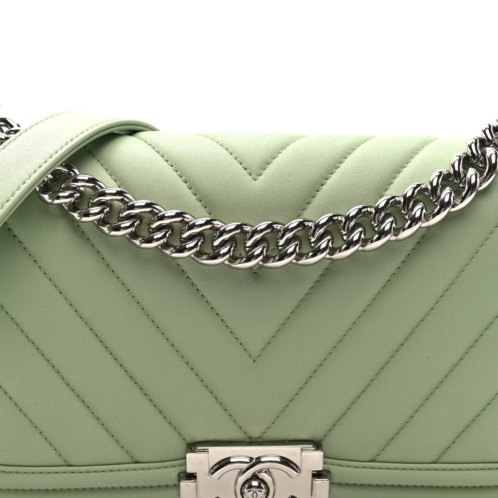 Calfskin Chevron Quilted Medium Boy Flap Light Green