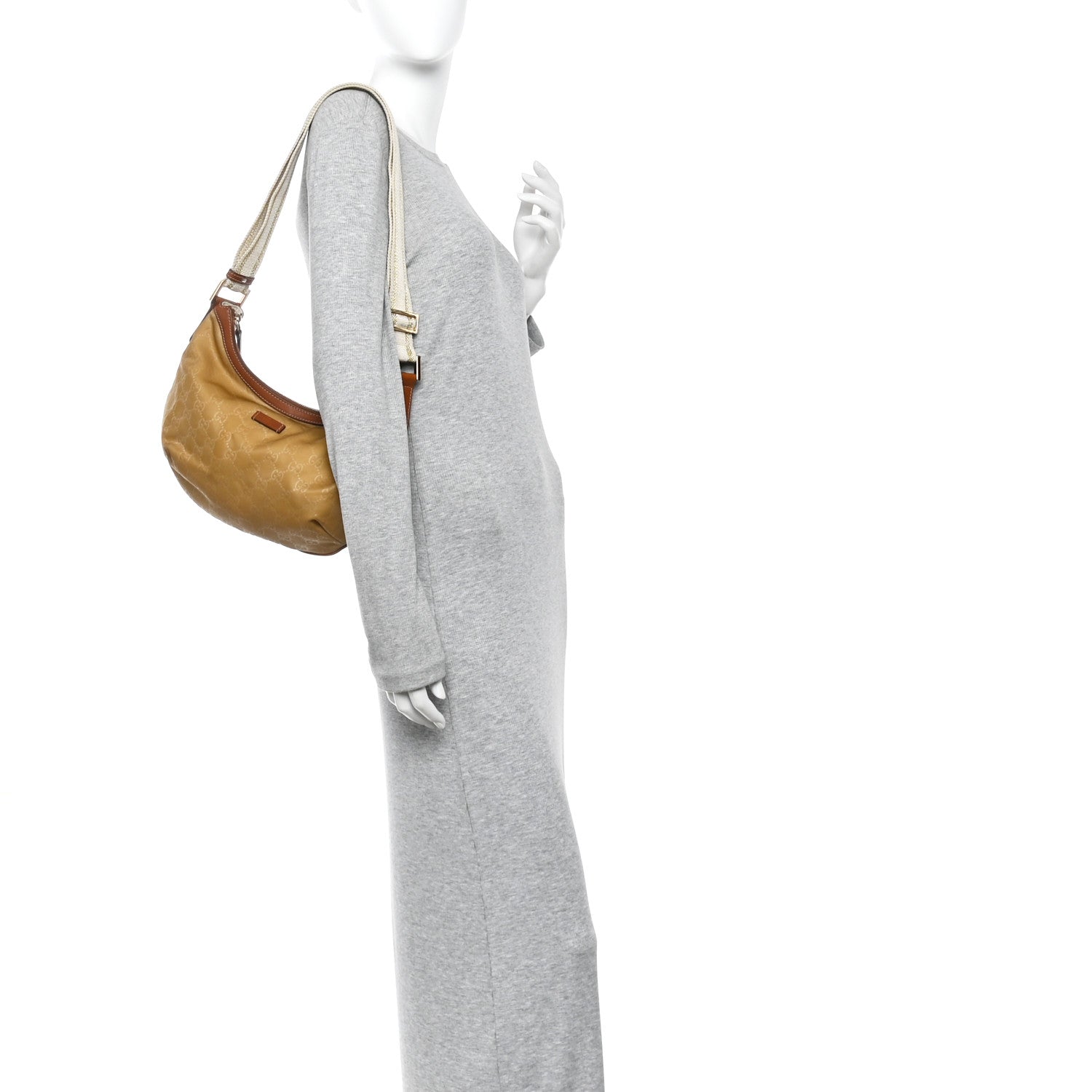Nylon Monogram Web Medium Half Moon Hobo  Beige